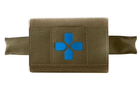 Empty ranger green trauma kit, belt mounted configuration.